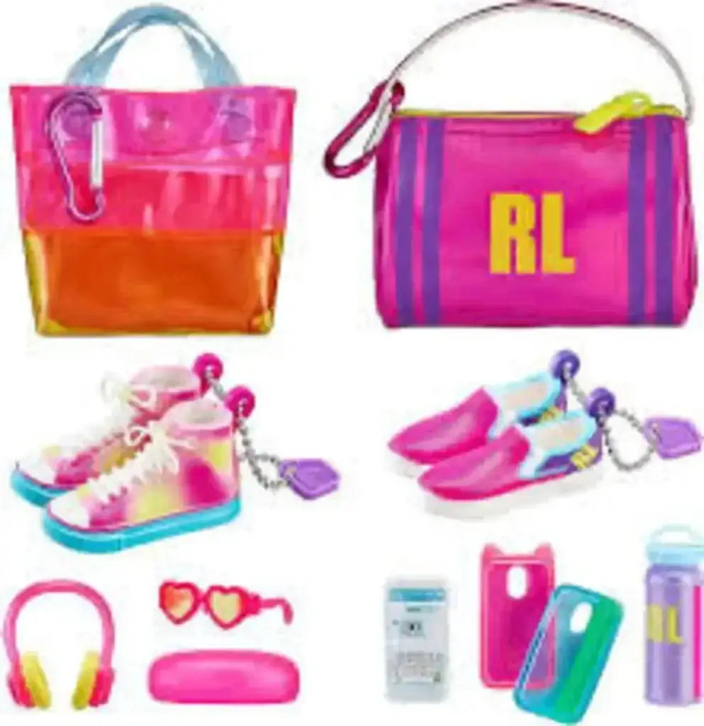 Product illustration of NEW Real Littles Sneaker and Bag Bundle showcasing mini pink RL bags tie dye sneakers sunglasses headphones and phone cases
