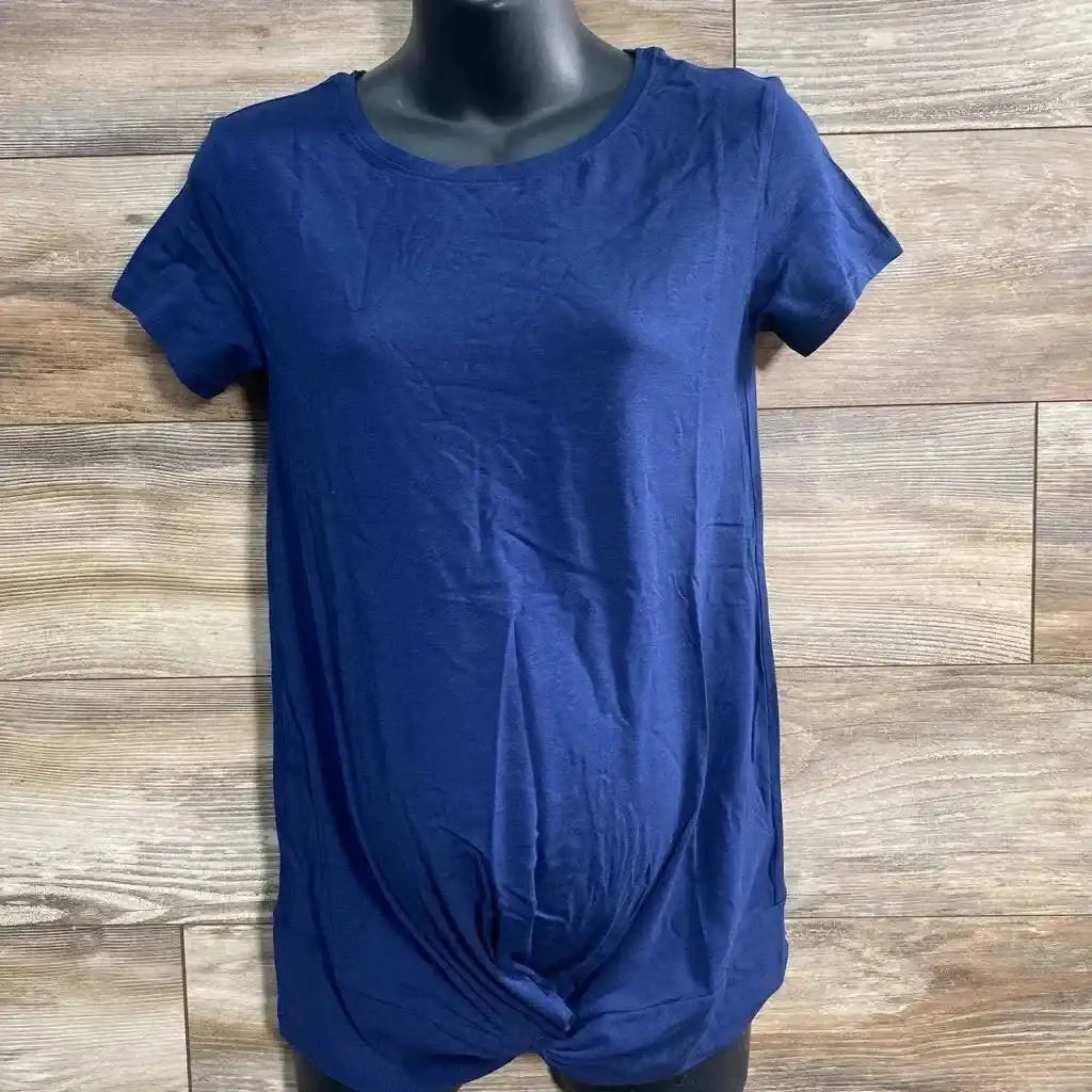 Front view of NEW Gap Maternity twist knot t-shirt in navy short sleeve on mannequin sz XS over wood plank floor