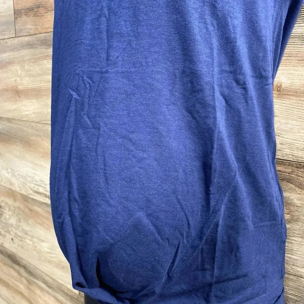 Close-up of NEW Gap Maternity Twist Knot T Shirt showcasing heathered navy fabric and ruched side detail on wood plank floor