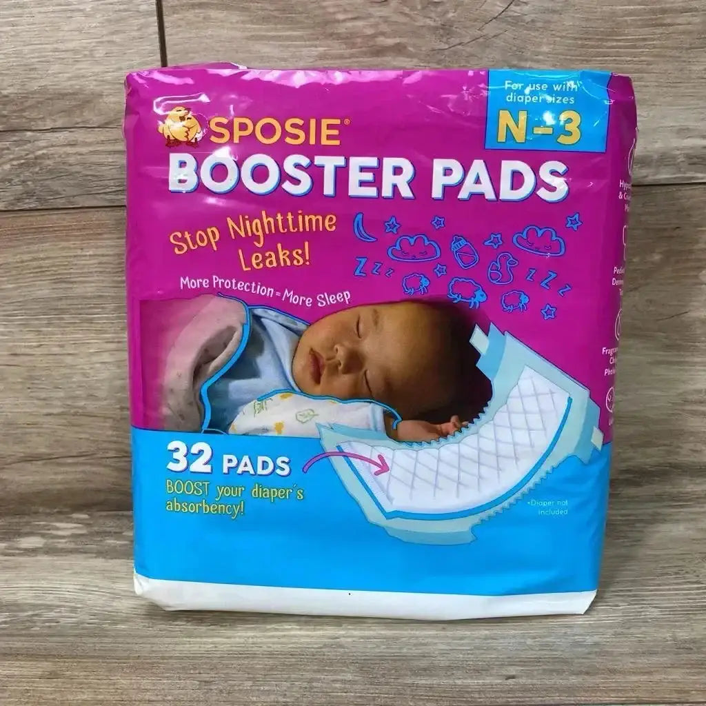 Front view of Sposie booster pads pack (32 count, size N-3M) showing product packaging on white background