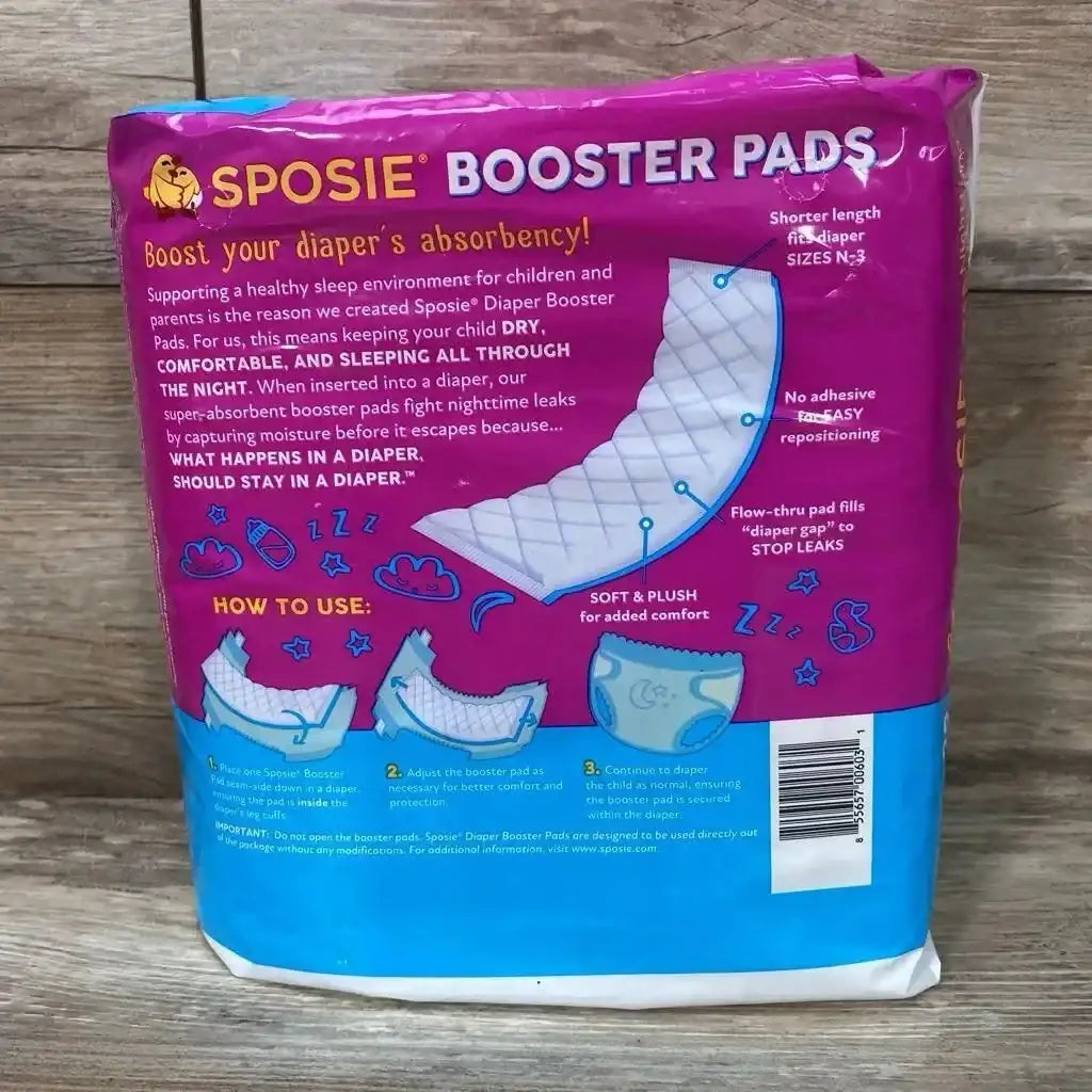 Front of Sposie Booster Pads package (N-3, 32 ct) showing quilted pad graphic and headline Boost your diaper's absorbency