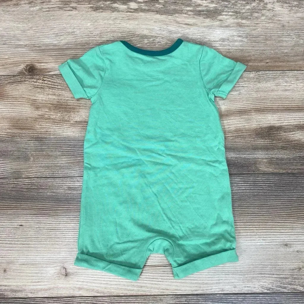 Back view of mint green Cat & Jack romper (3-6 months) with sleeves, dark green collar, rolled leg cuffs on wood