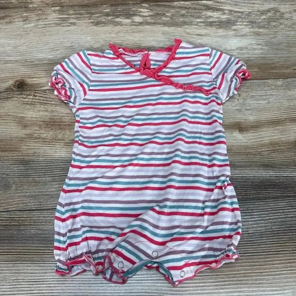 Front view of KicKee Pants Striped Shortie Romper sz 3-6m showcasing pink teal gray and white stripes with ruffle neck on wood plank floor