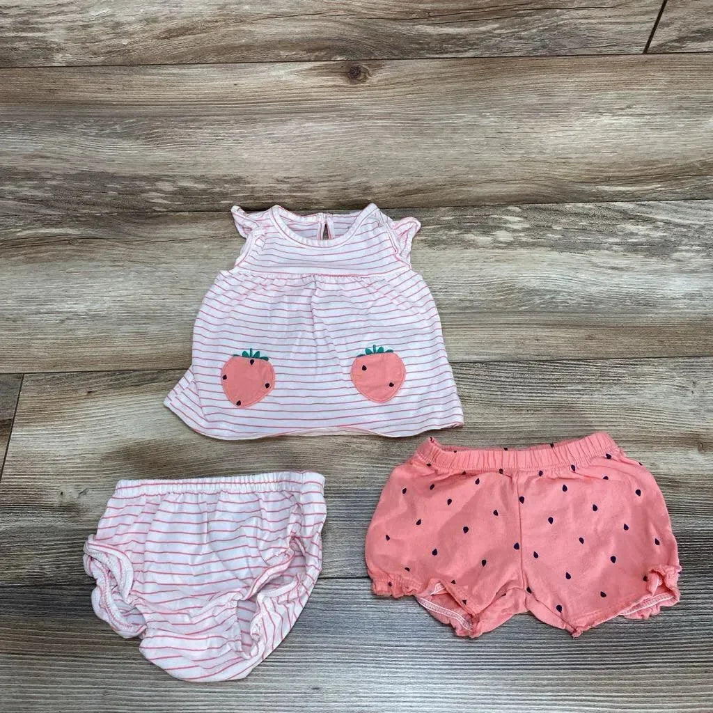 Flat lay of Carter's pink striped 3pc baby outfit (3M): sleeveless top with strawberry pockets, diaper cover, coral shorts