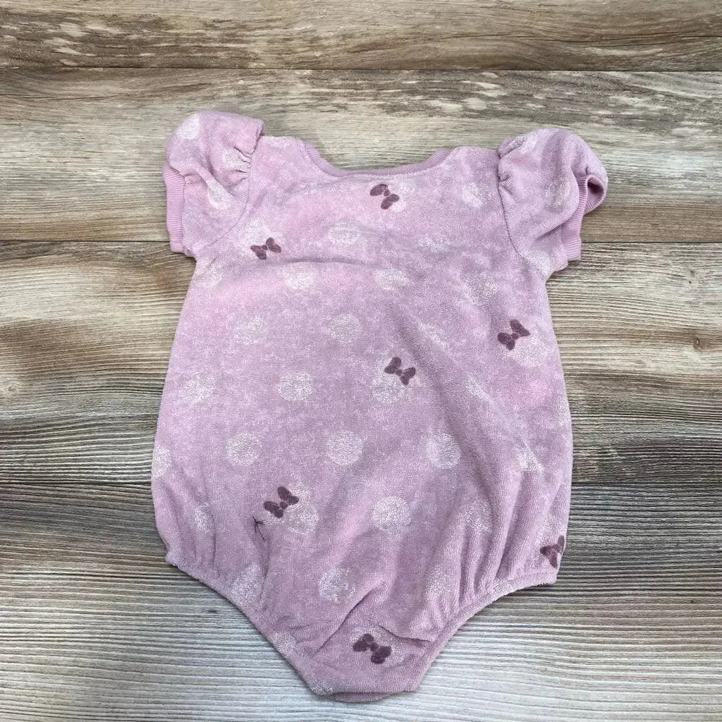 Front view of purple Disney Baby Minnie Mouse terry romper (18M) showing Minnie graphic and snap leg closures on white background