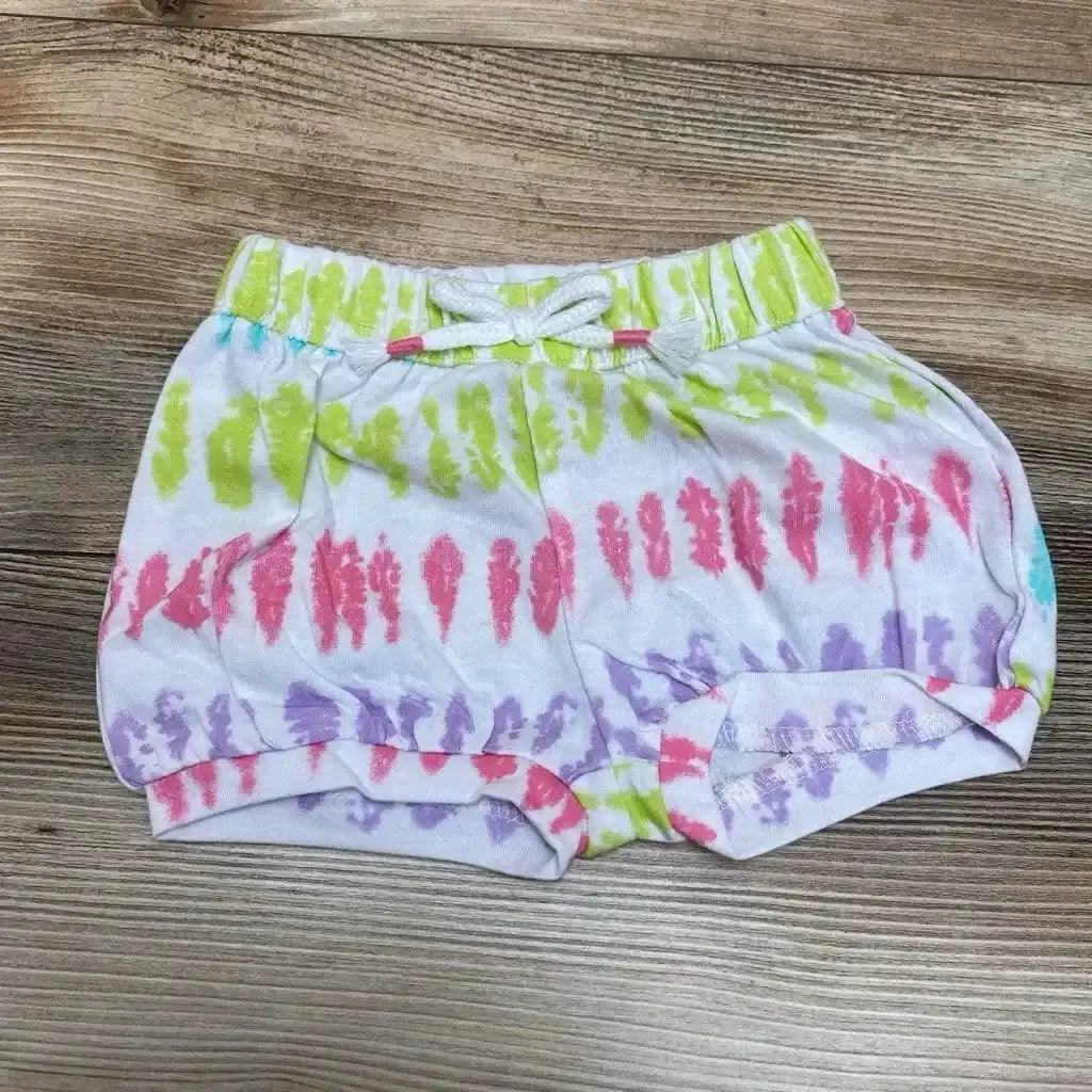 Front view of Okie Dokie tie-dye pull-on baby shorts, size 3 months, elastic waistband on white background