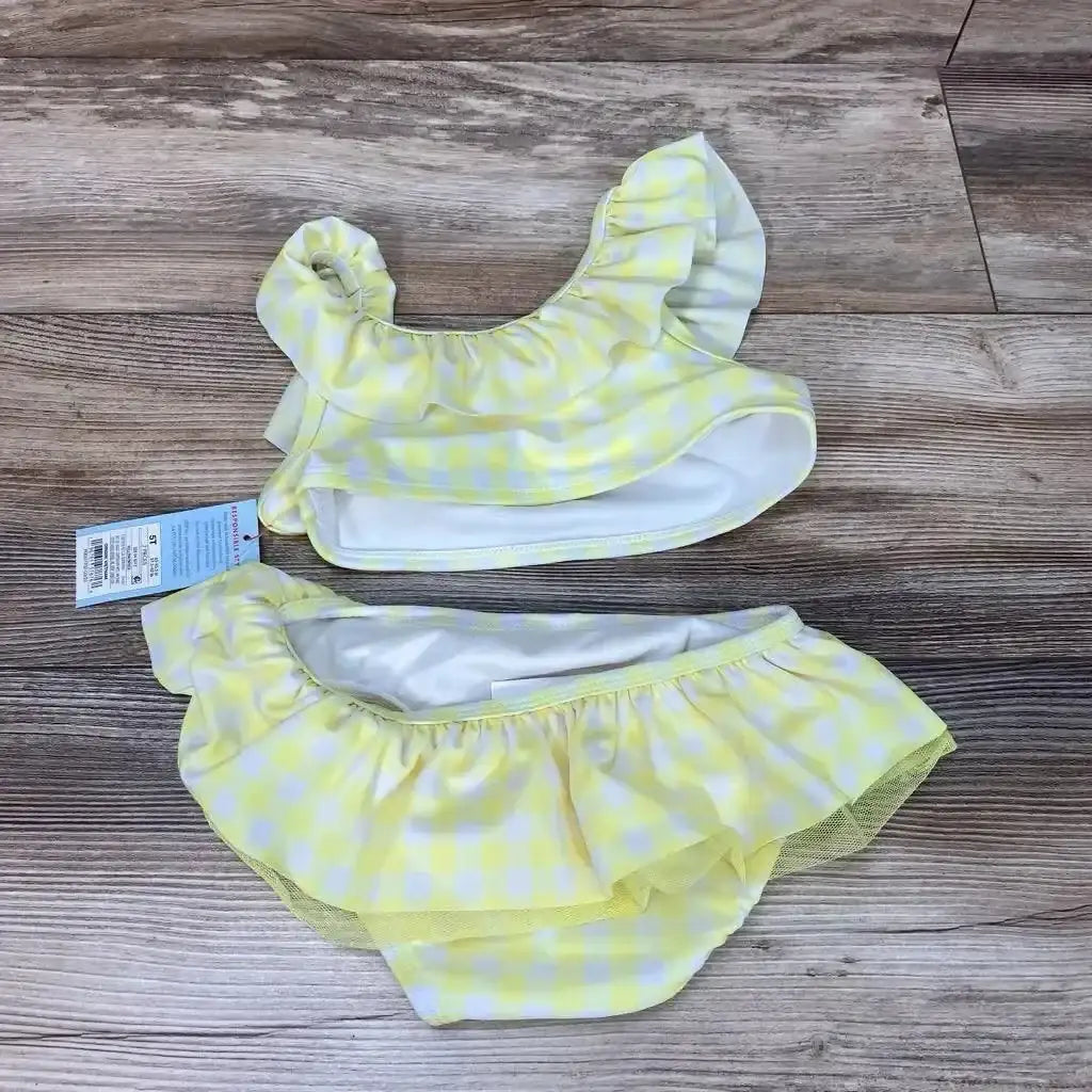 Front view of Cat & Jack 2-piece yellow gingham bikini set showing top and matching bottoms on white background