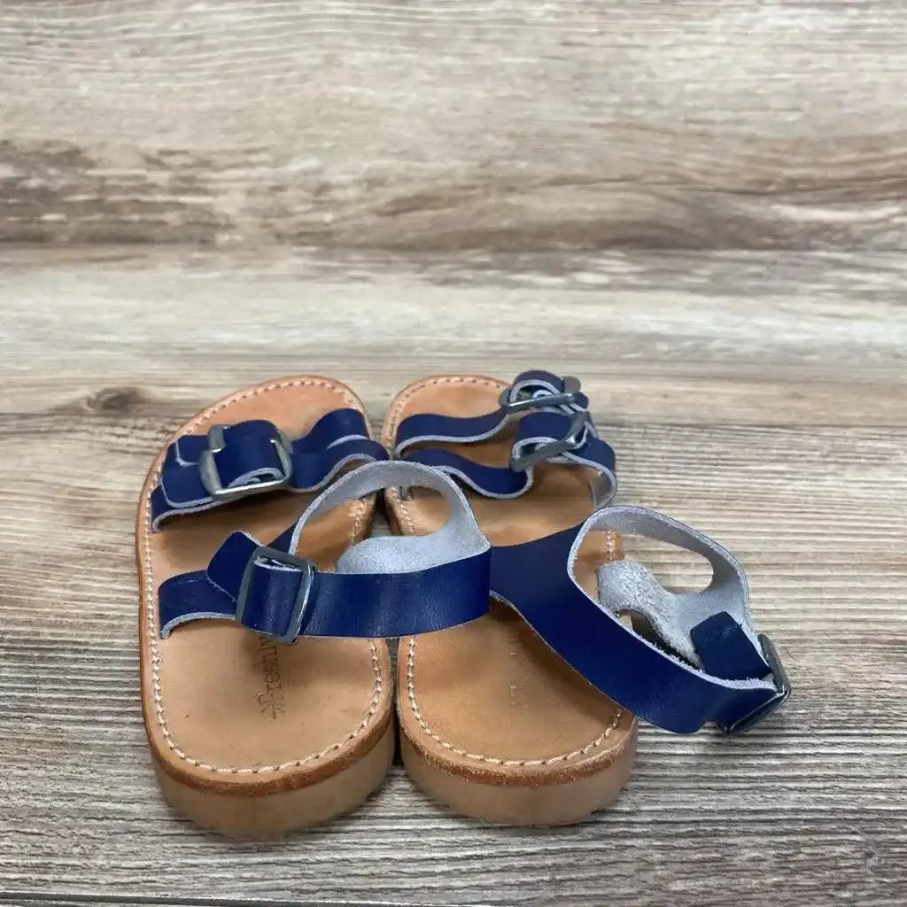 Front view of navy Freshly Picked Rockaway toddler sandals, size 8C, showing double straps and scalloped trim on white background