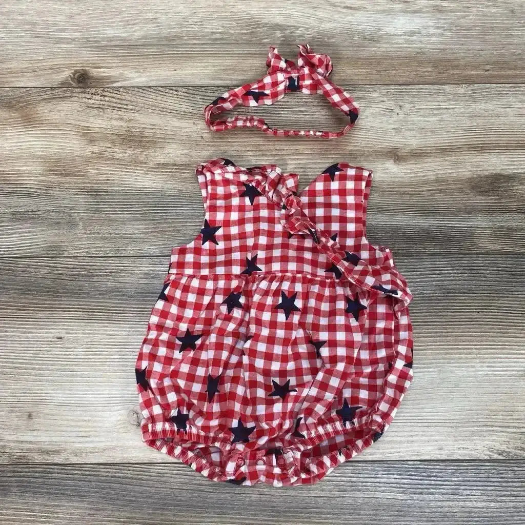 Front view of red gingham baby romper and matching headband (3–6 months) showing star print and ruffle straps on white background