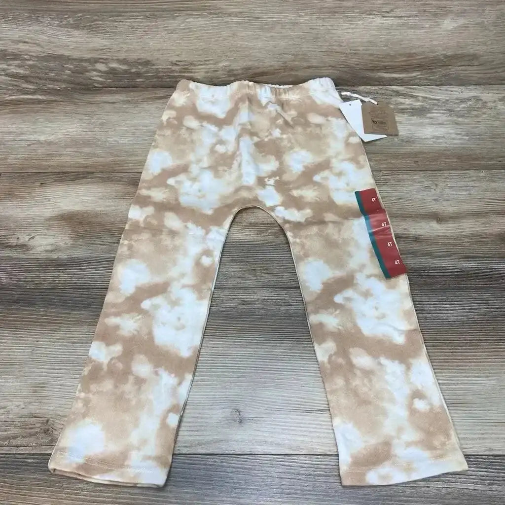 Front view of brown tie-dye toddler pants size 4T showing elastic waistband and cuffed ankles on white background