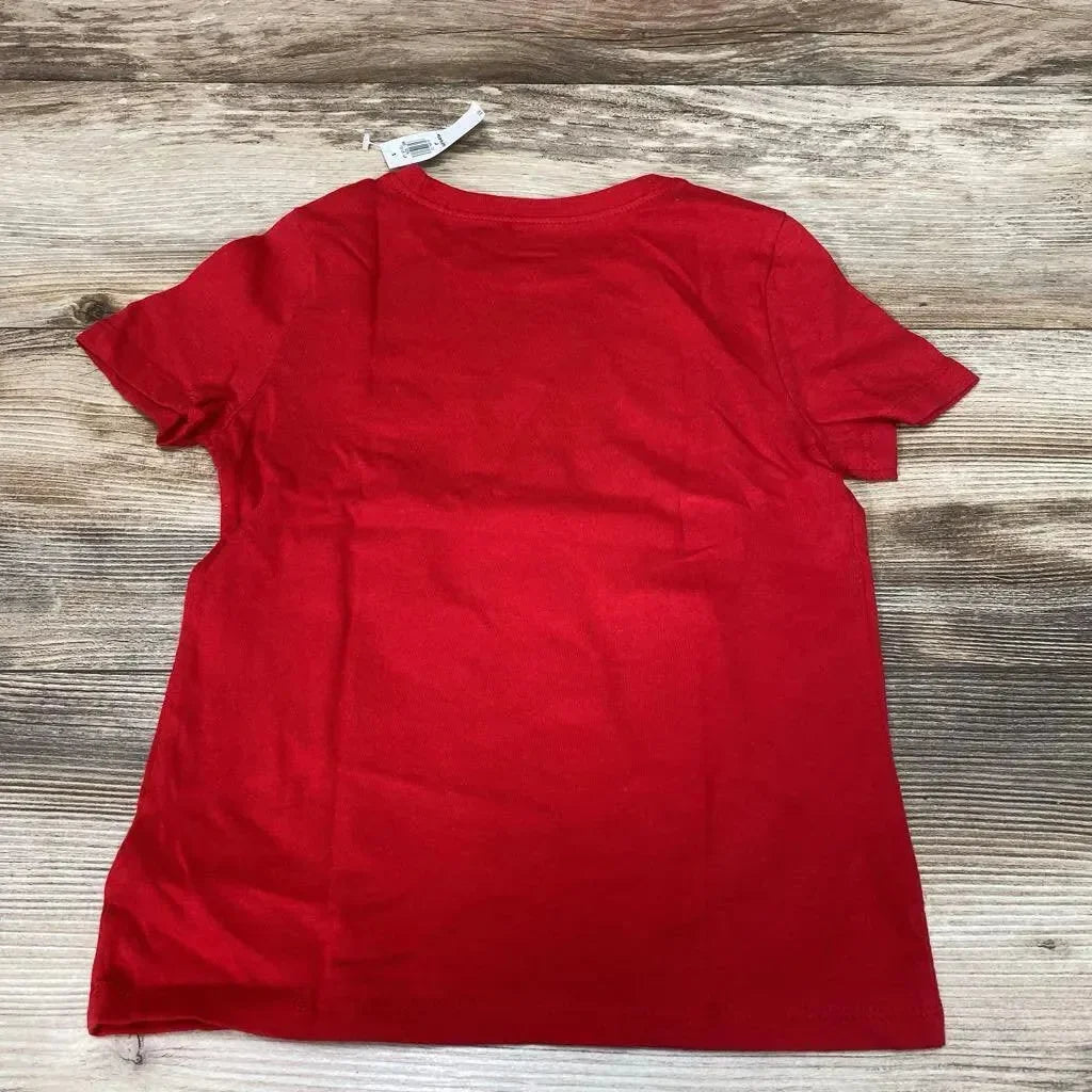Back view of red Old Navy Rad Like Dad toddler T-shirt size 5T showing short sleeves and tag on wood background