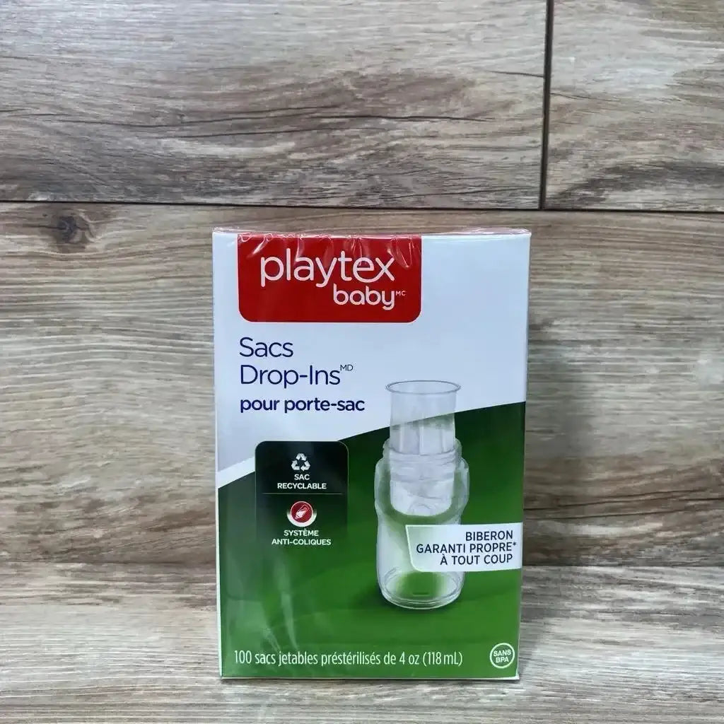 Front view of Playtex Baby Nurser Drop-Ins liners showcasing 100 count packaging with white background