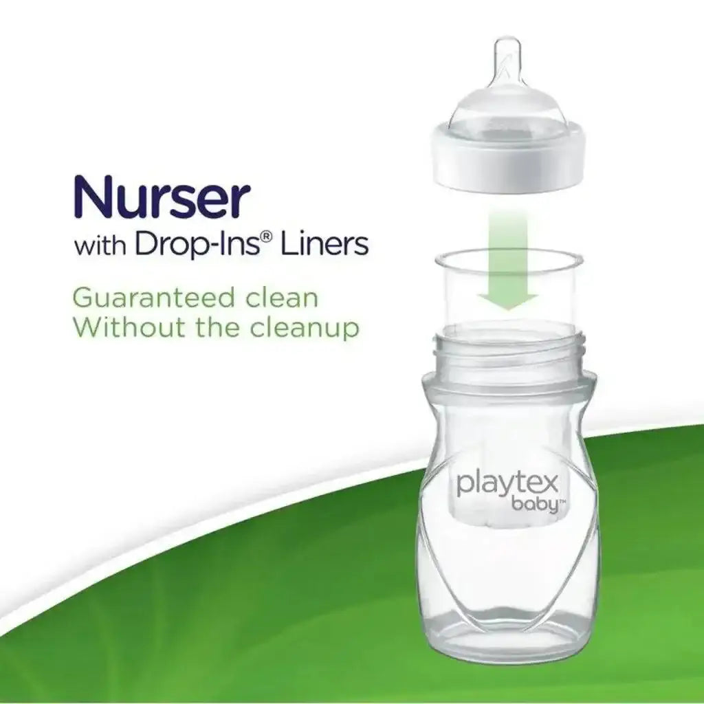 Front view of Playtex Baby Nurser bottle showing Drop-Ins liner being inserted; overlay text Nurser with Drop-Ins Liners