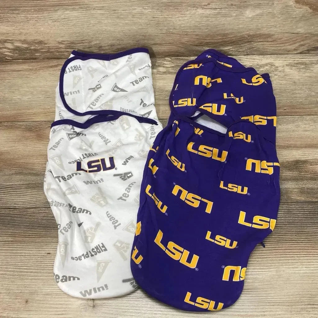 Flat lay of two 0-3M swaddle wraps: white with purple trim and subtle print; purple with yellow LSU logo on wood floor
