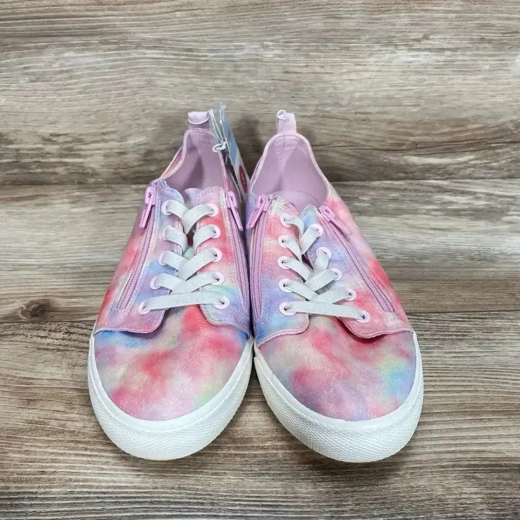 Front view of Cat and Jack pink tie dye toddler sneakers size 5Y showing double side zippers, white laces on wood background