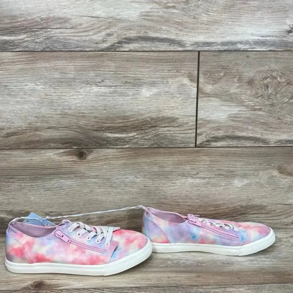Side view of Cat and Jack Lucian pink tie-dye sneakers size 5Y showing double zippers and white soles on wood floor