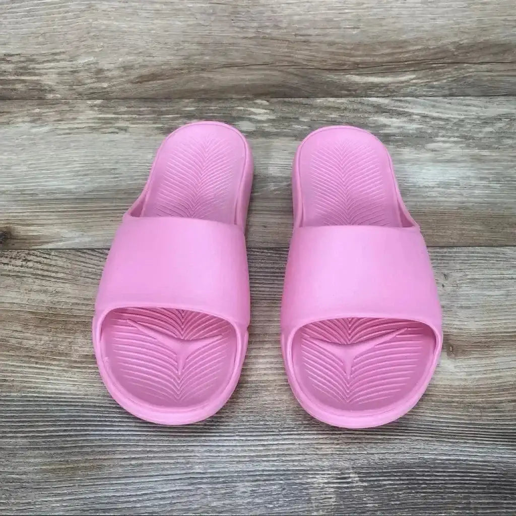 Top view of used pink All in Motion Apollo slip-on slide sandals, size 5Y, on white background