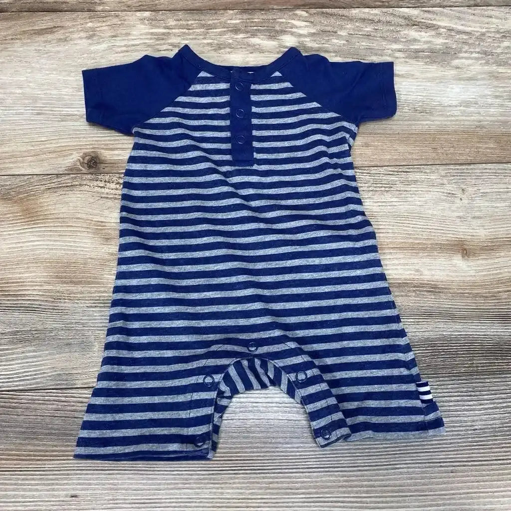 Flat lay of blue and gray striped henley romper 0-3 months with short sleeves, button placket and snap leg closures on wood