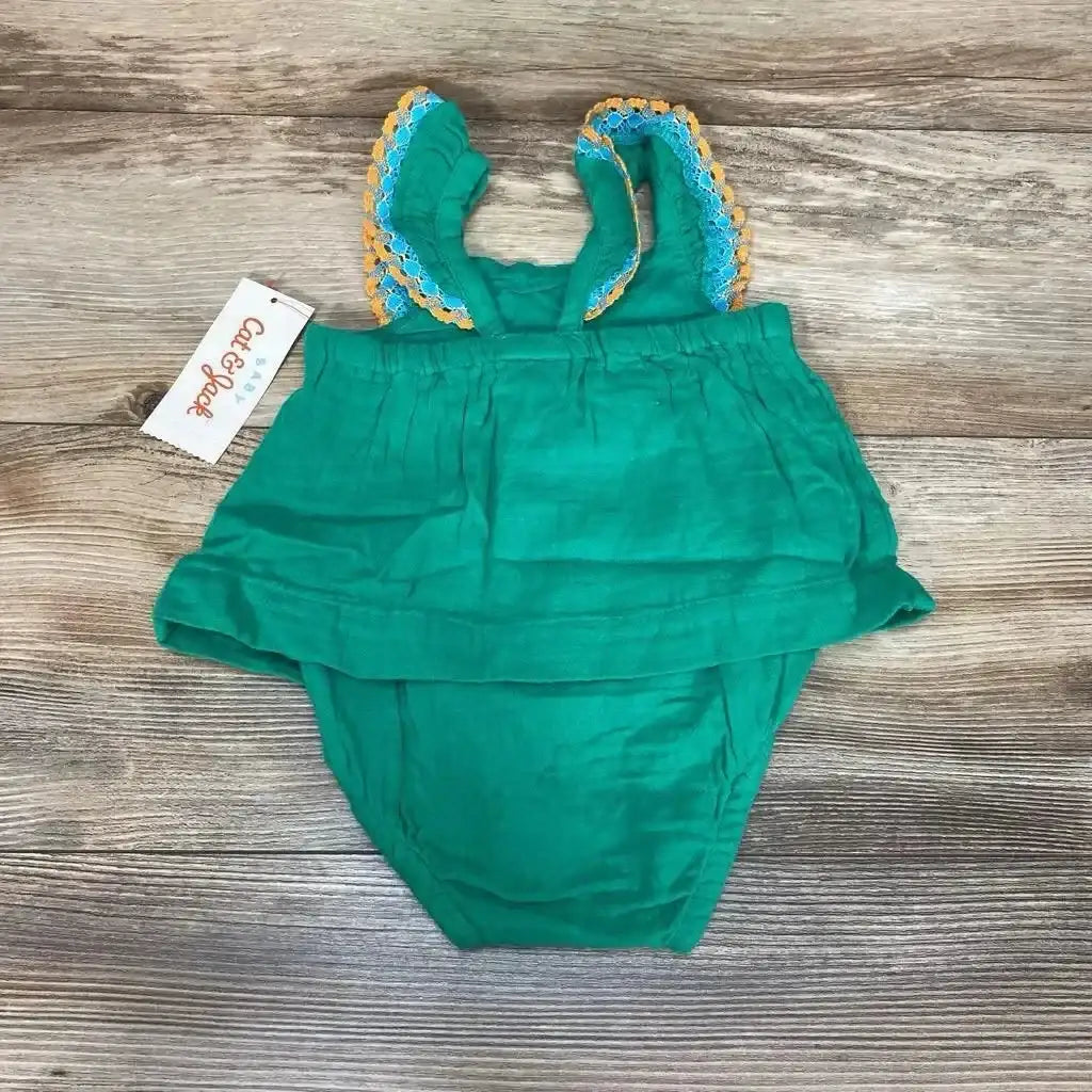 Front view of Cat & Jack green muslin bodysuit dress 3-6M showing short sleeves, gathered skirt and snap bodysuit bottom on white background