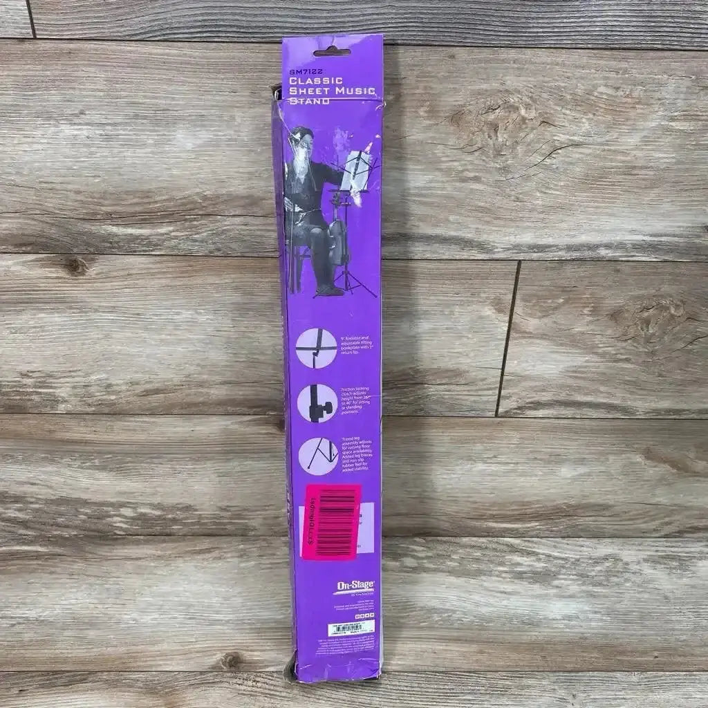 Front view of On-Stage compact folding sheet music stand in purple box showing tripod base illustration on wood floor