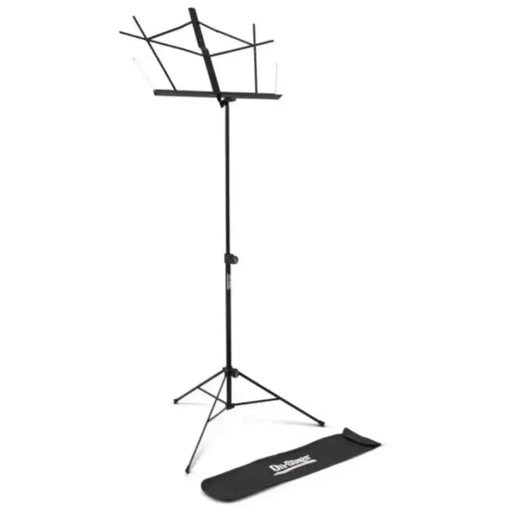 Front view of black On-Stage folding sheet music stand, adjustable height, tripod base, carrying bag on white background