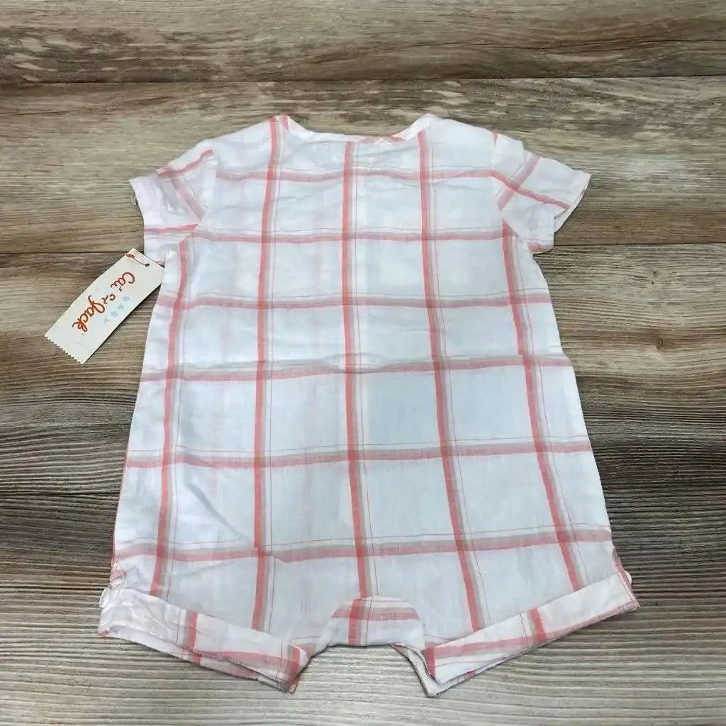 Front view of Cat & Jack plaid shortie romper in white and red showing snap crotch and button front on plain background