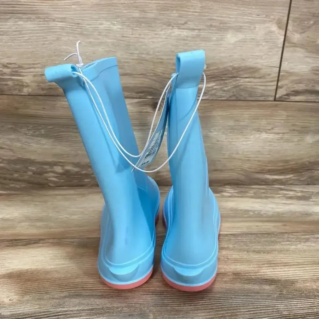 Side view of blue Cat & Jack slip-on rain boots, youth 6Y, showing pull tabs and treaded sole