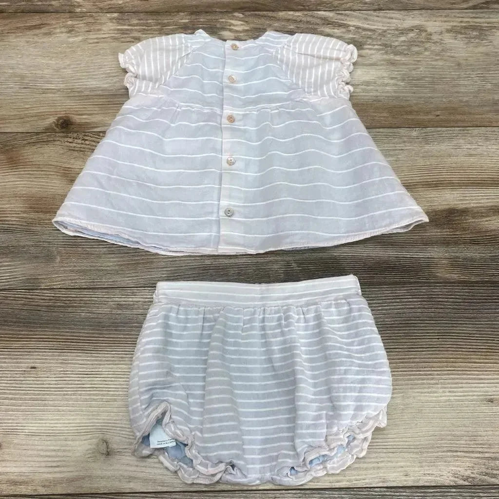 Overhead view of baby blue striped dress and matching bloomers 12m with back buttons, puff sleeves and ruffled legs on wood