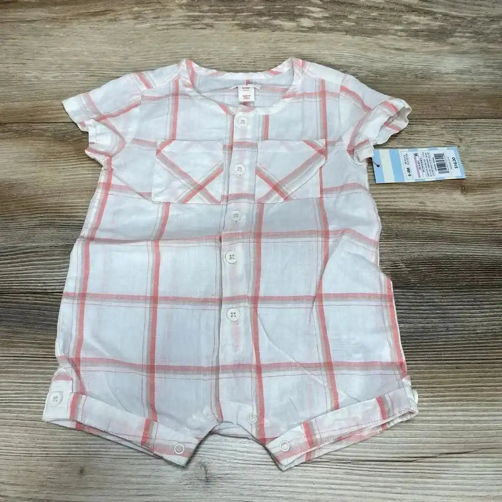 Front view of Cat and Jack white shortie romper with pink plaid showcasing button-front, chest pockets, and leg snap closures on wood background
