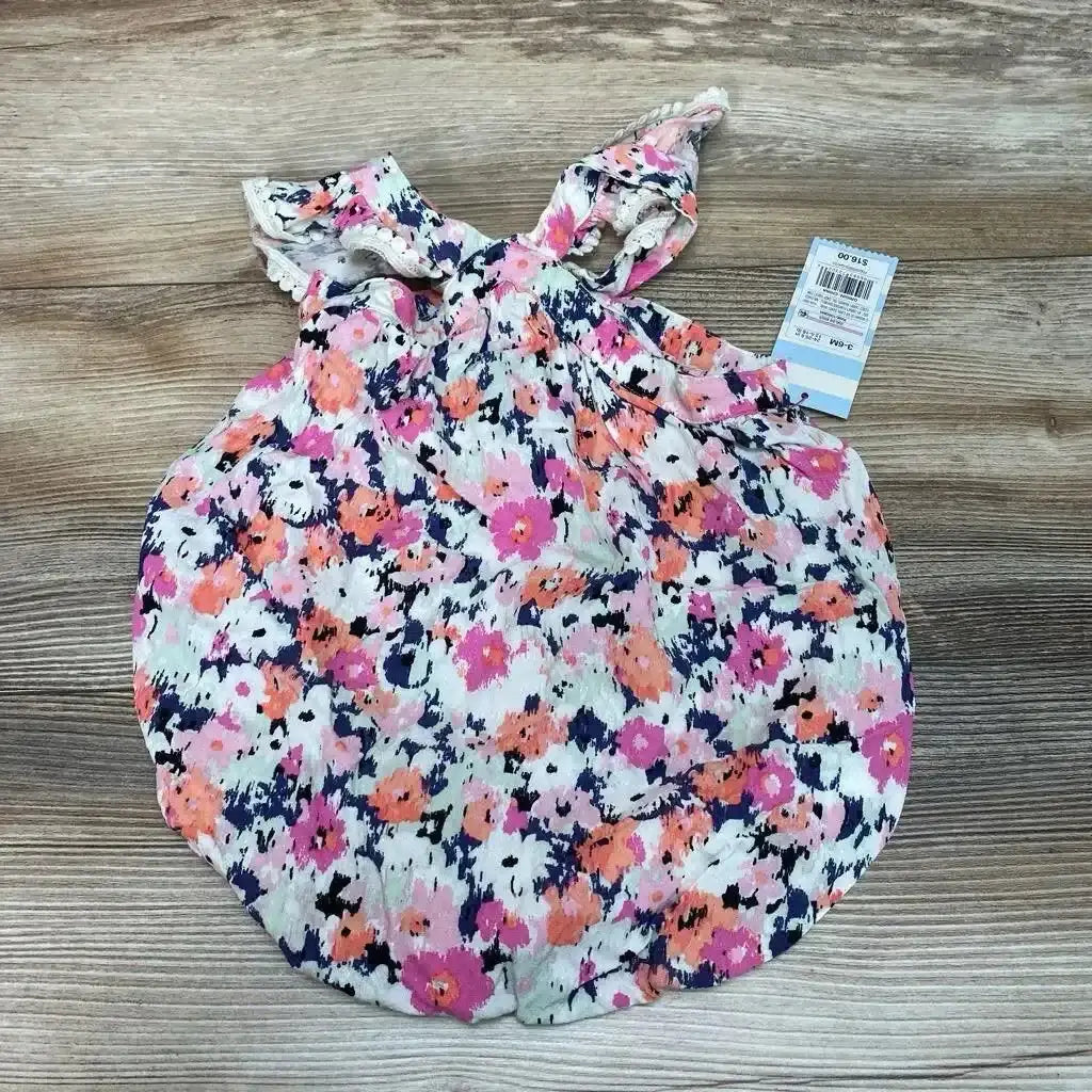 Front view of Cat & Jack pink floral romper size 3-6 months showing flutter sleeves and snap crotch on white background