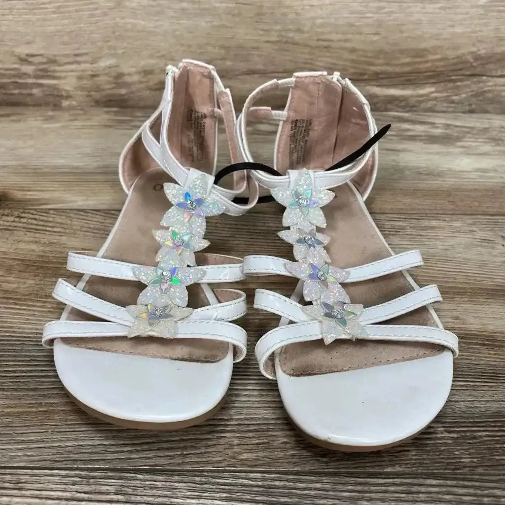 Front view of white New SO Tangelo toddler sandals size 3Y with two Velcro straps and textured sole