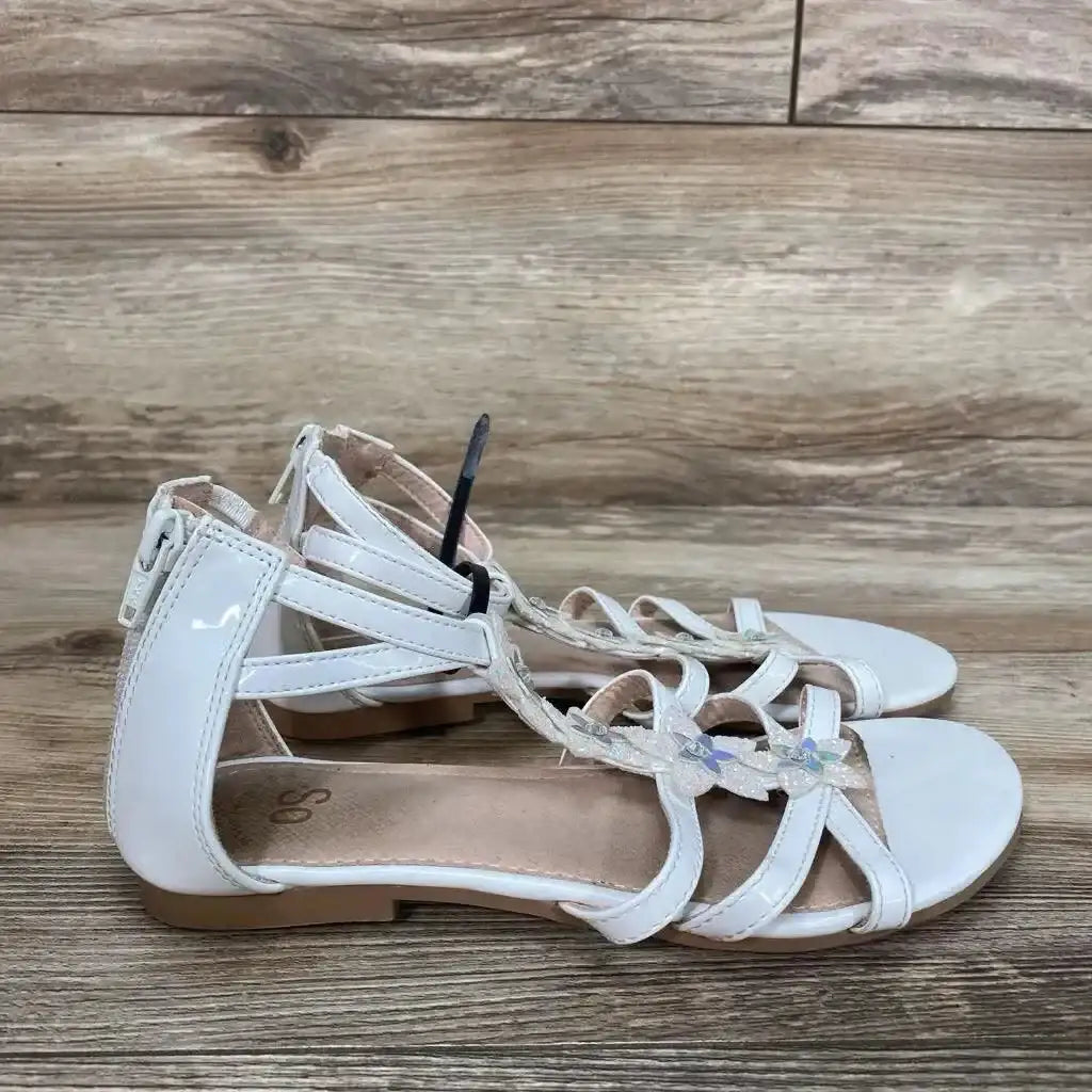 Front view of white New SO Tangelo toddler sandals size 3Y with two Velcro straps and textured sole