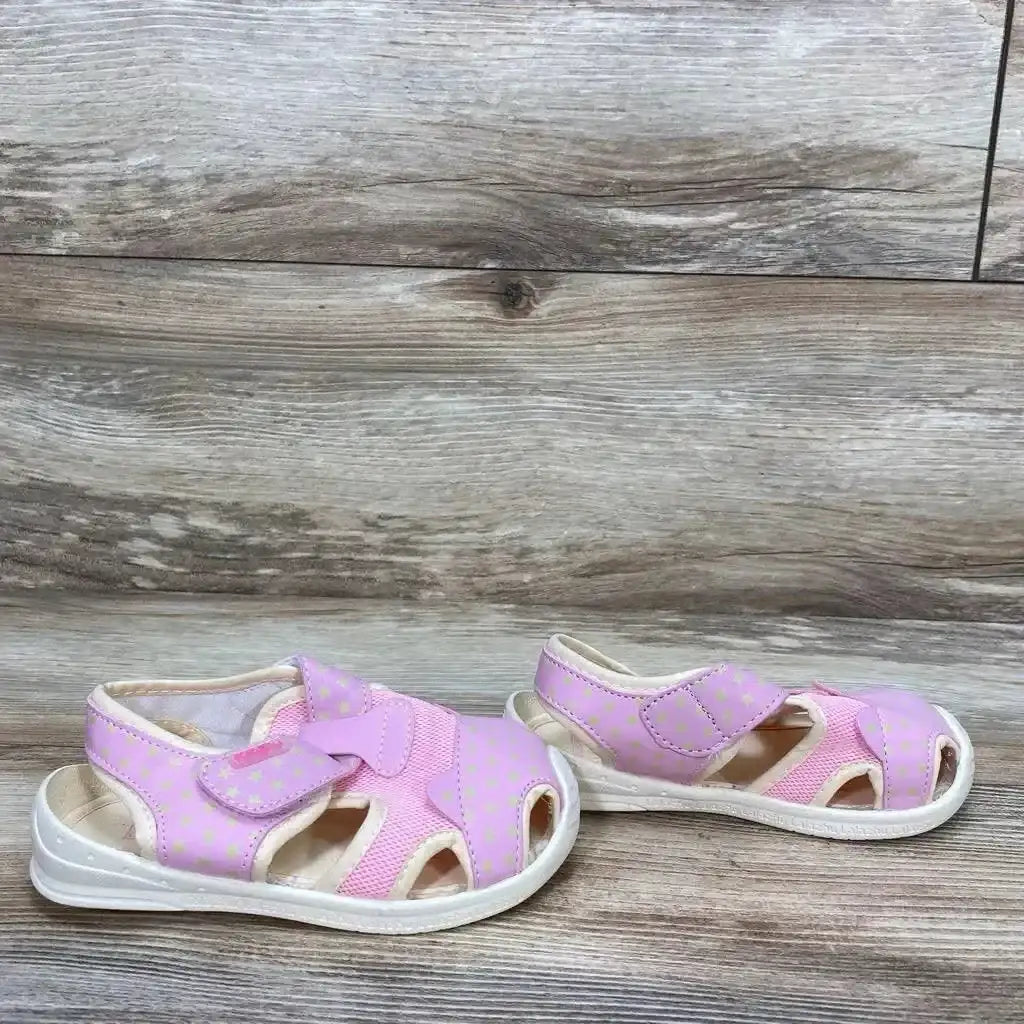 Front view of pink Lalazhu microfiber toddler sandals size 8 to 9C showing velcro strap on white background