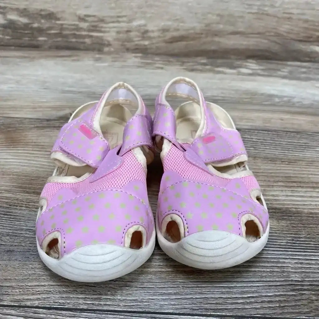 Front view of pink Lalazhu sandals size 8/9C with white toe caps, green polka dots, mesh panels and Velcro on wood