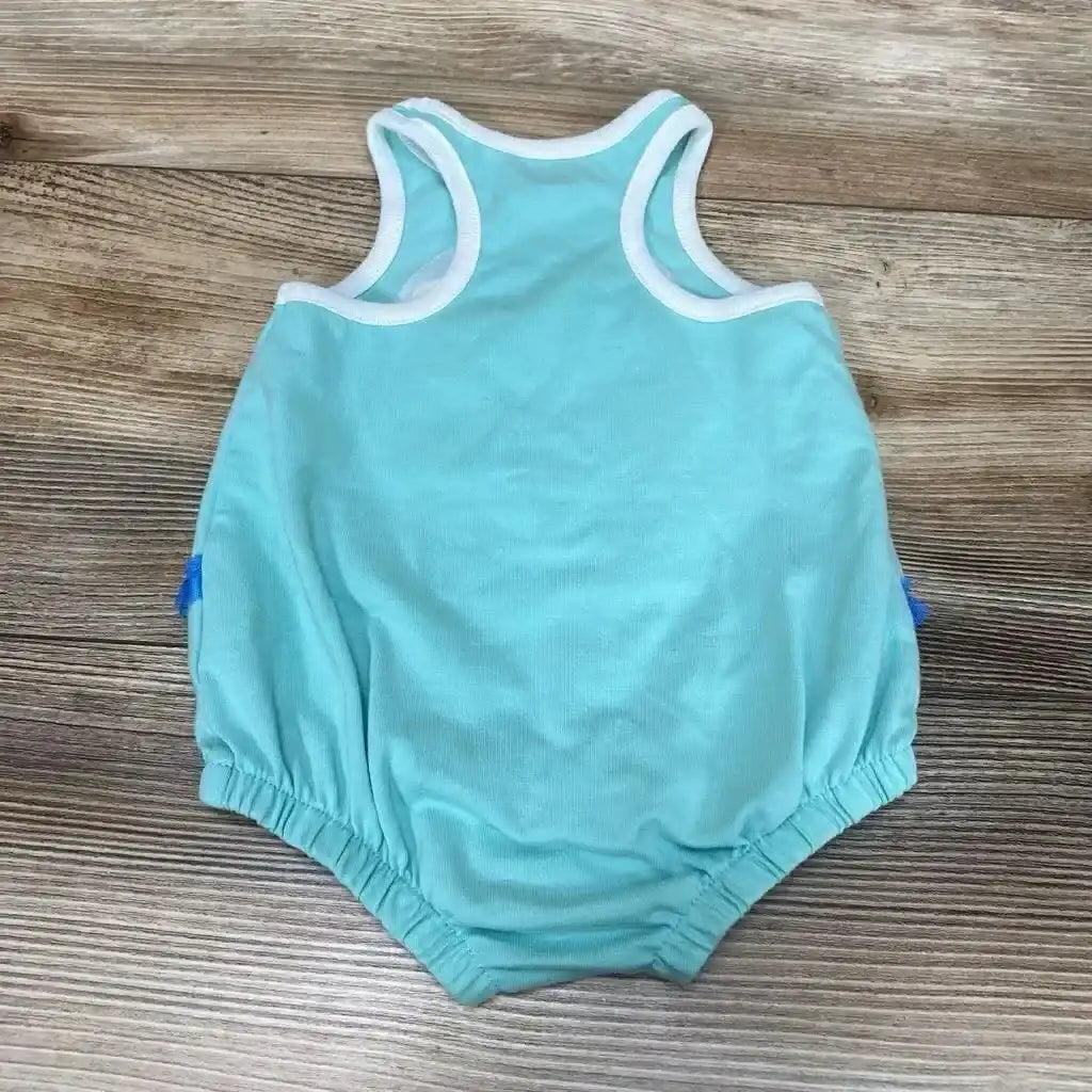Front view of blue Cat & Jack baby romper (0–3 months) showcasing beach applique on chest with plain white background