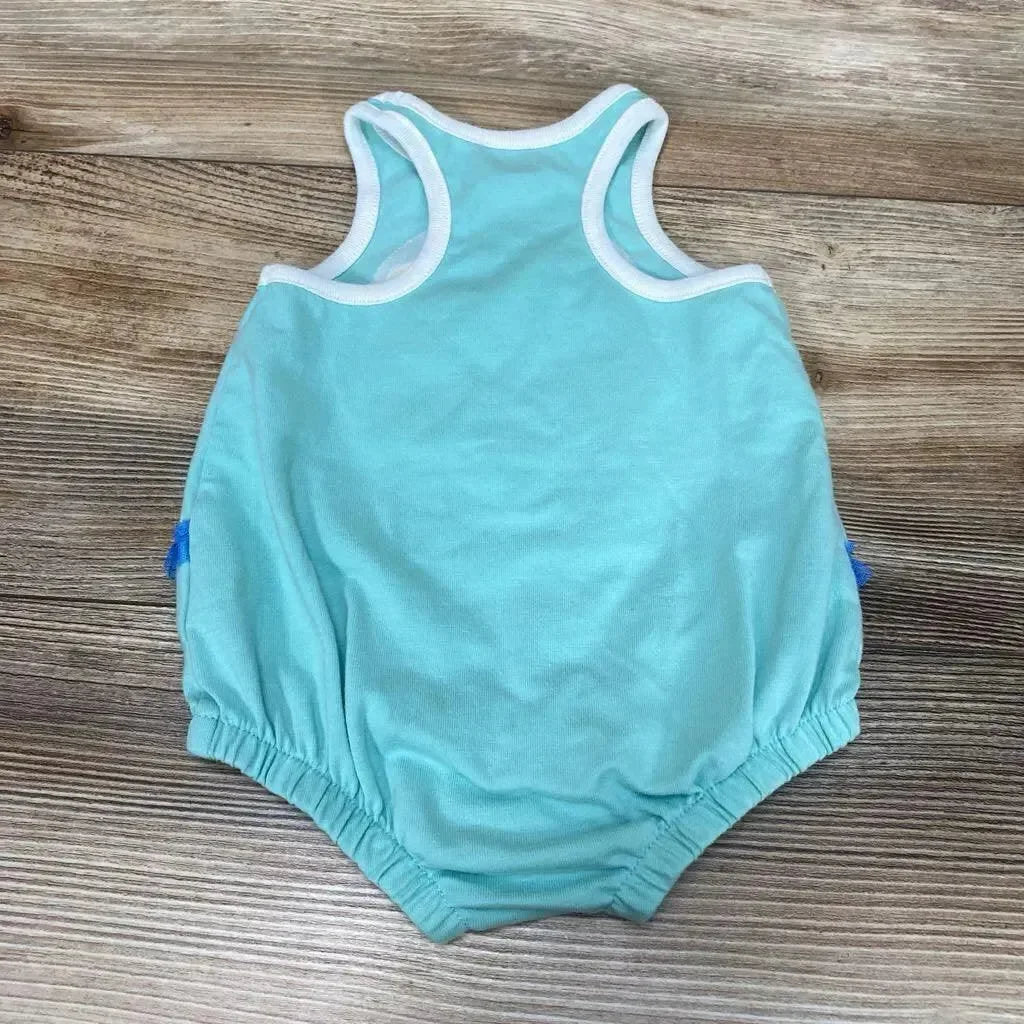 Back view of blue Cat & Jack romper (0-3M) showing racerback, elastic leg openings and beach applique on wood background