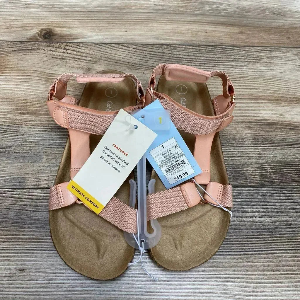 Top view of NEW Cat & Jack Val Footbed Sandals sz 1Y showcasing pink woven straps and cork footbed with hangtags on wood plank background