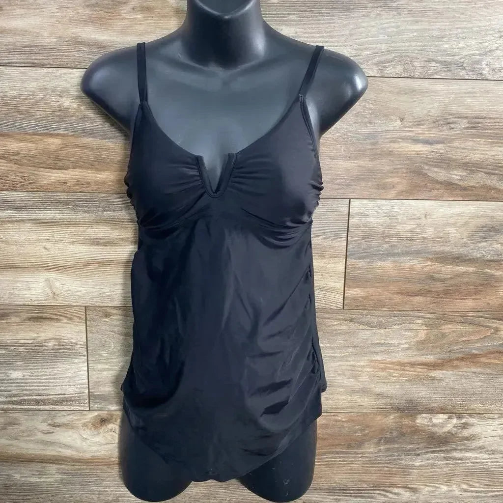 Front view of black maternity swim top on mannequin, small, V-notch bust, thin straps and ruched sides against wood background