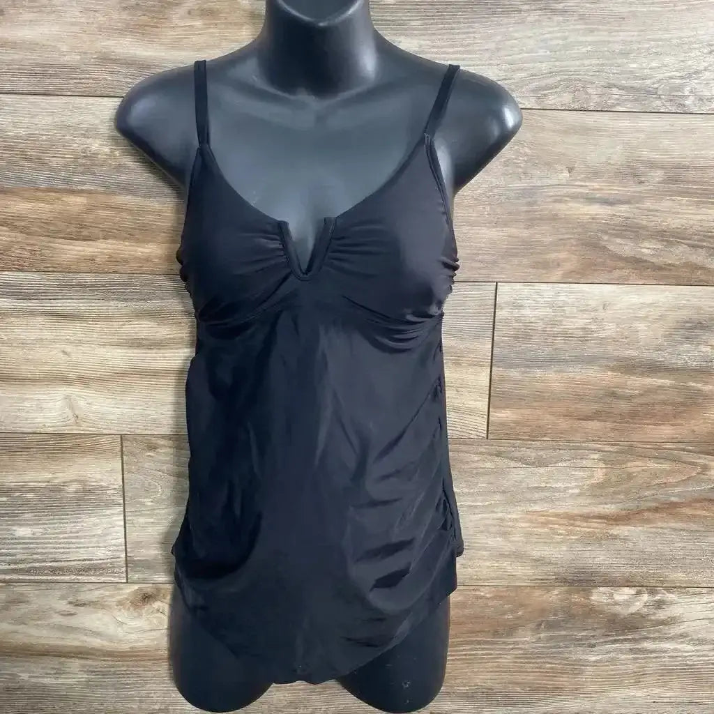 Front view of black maternity swim top on mannequin, small, V-notch bust, thin straps and ruched sides against wood background