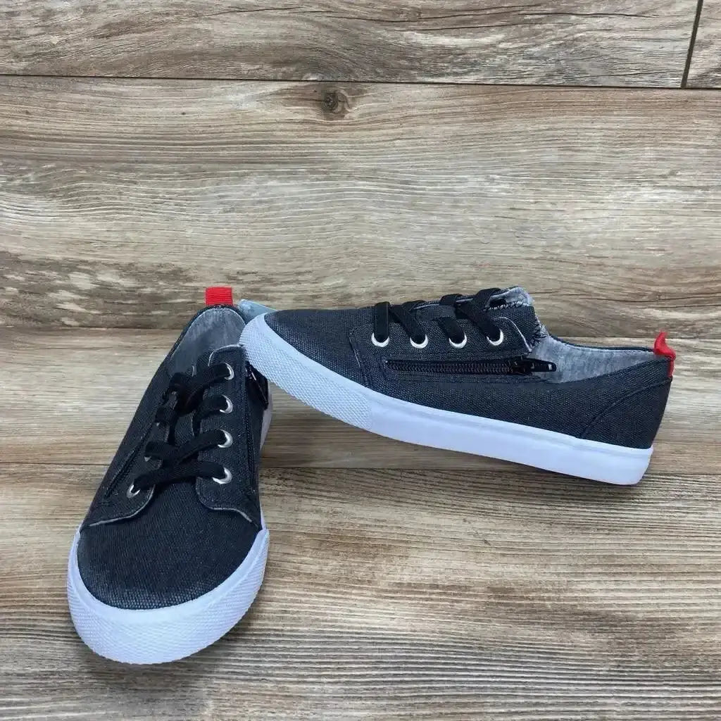 Side view of Cat & Jack Lucian toddler grey sneakers showing double zipper closures and white rubber sole on white background