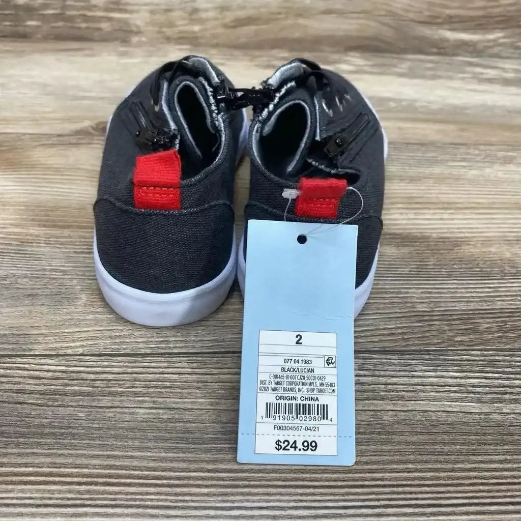 Side view of Cat & Jack Lucian toddler grey sneakers showing double zipper closures and white rubber sole on white background
