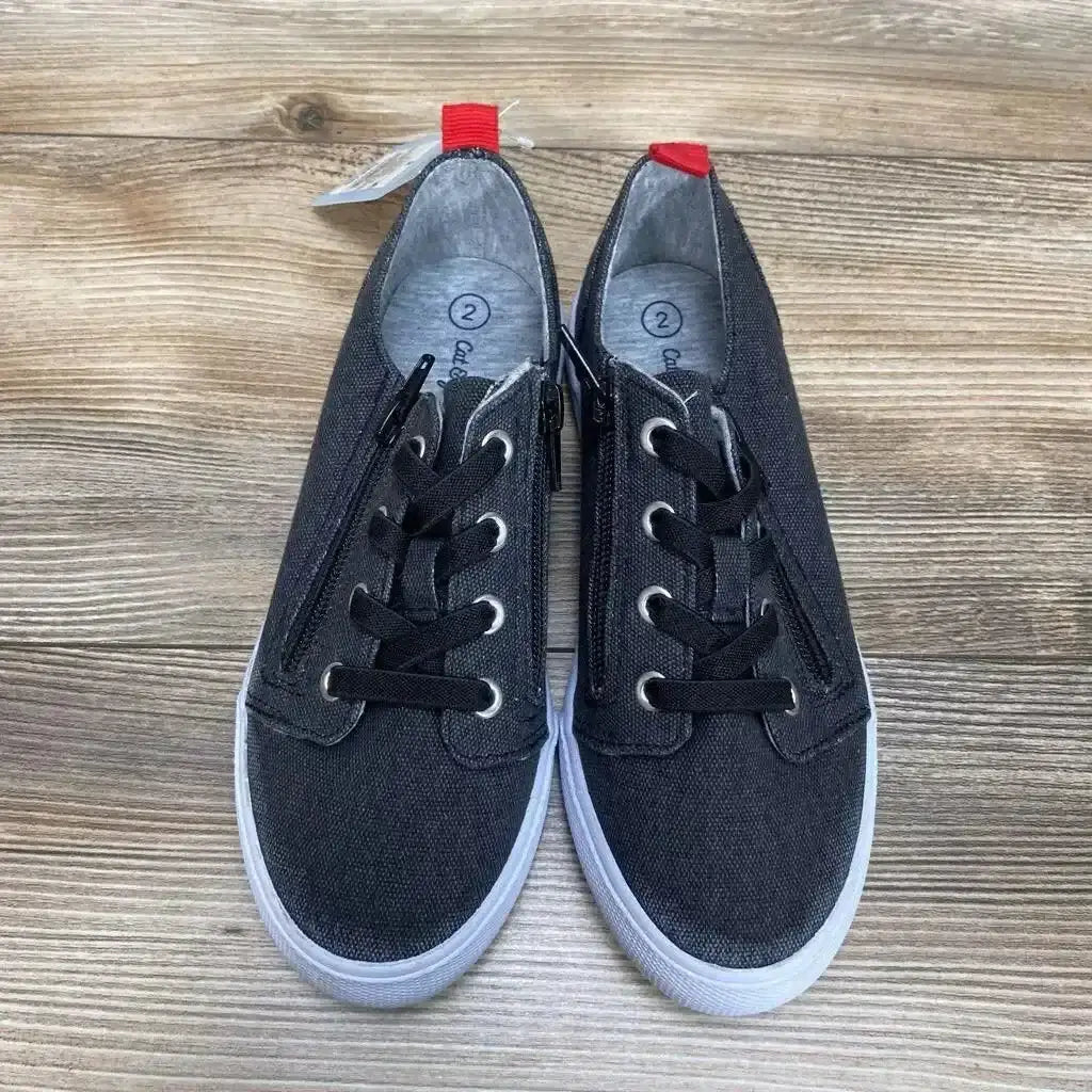 Side view of Cat & Jack Lucian toddler grey sneakers showing double zipper closures and white rubber sole on white background