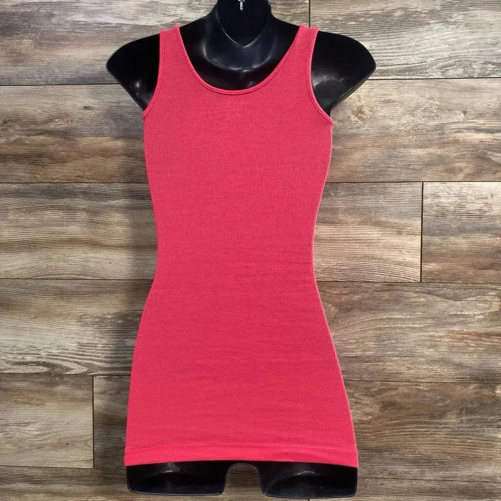 Front view of pink ribbed tank top XS showing fitted sleeveless silhouette on black mannequin against wood plank background