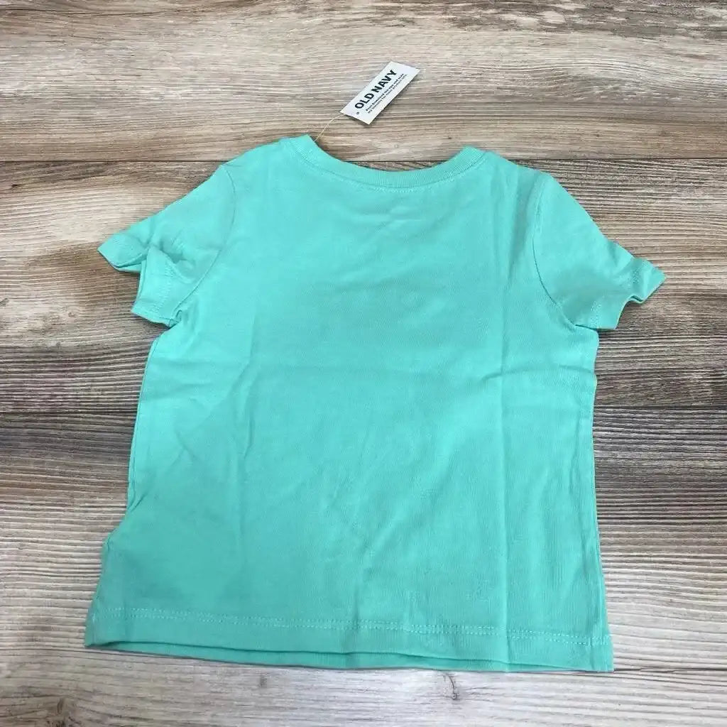 Front view of green Old Navy toddler short-sleeve shirt (12-18m) showing ‘We Be Rollin’’ graphic on white background