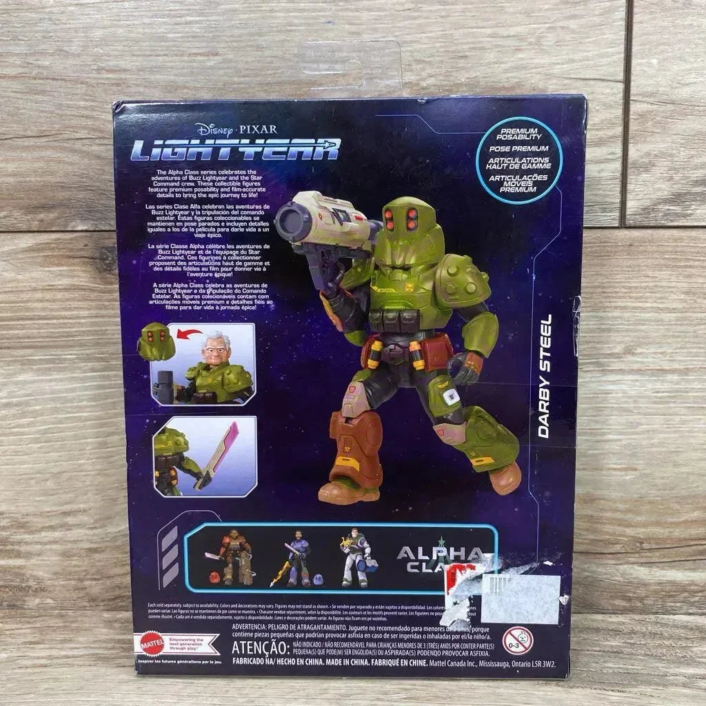 Boxed Disney Pixar Lightyear Darby Steel figure with accessories and Premium Posability callout on wood background