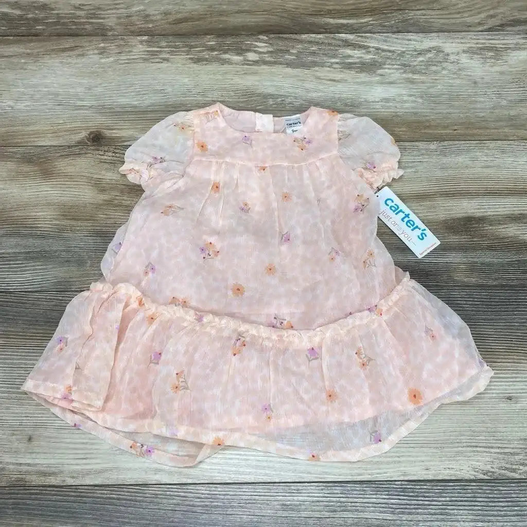 Front view of white 2-piece floral baby dress and matching bloomers, size 9 months, showing ruffle sleeves on white background
