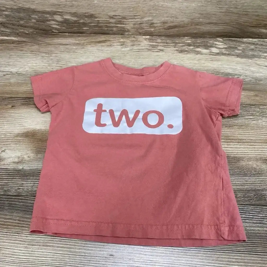 Front flat lay of pink toddler T-shirt (3T) showing white graphic that reads two. on chest on wood plank background