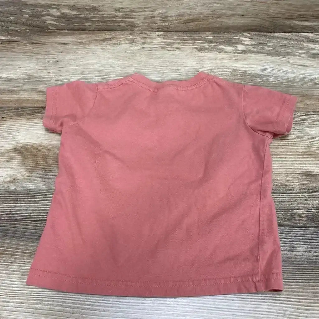 Back view of pink toddler t-shirt, size 3T, short sleeves and crew neck laid flat on light wood background