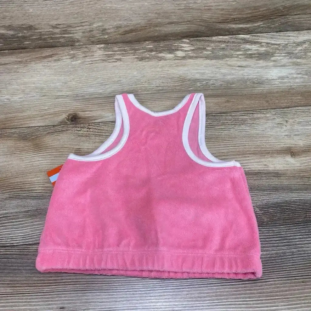 Back view of NEW Cat and Jack terry cloth tank top in pink showcasing racerback with white trim and orange hangtag on wood plank floor