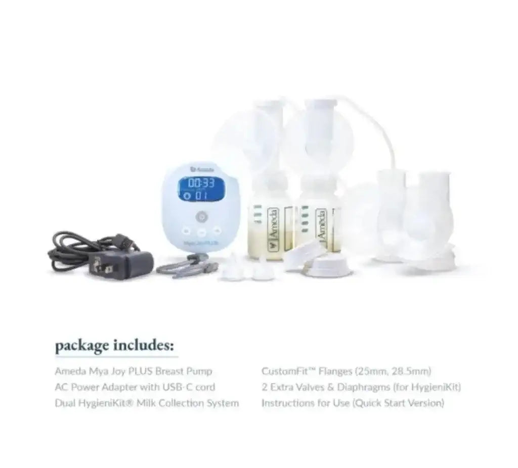 Front view of Mya double electric breast pump with digital display, two bottles, shields, and AC adapter